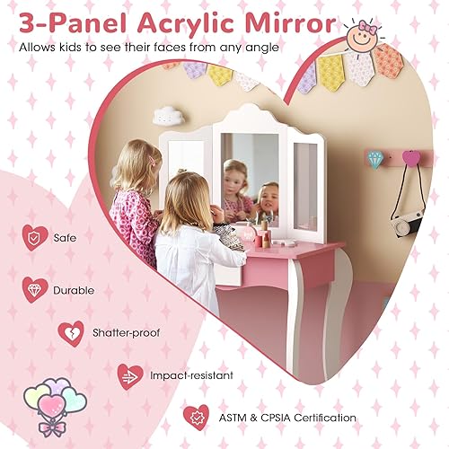 Miniatura 5 de HONEY JOY Vanity - Juego de mesa y silla de maquillaje de madera para niños, espejo de princesa de tres pliegues, juego de tocador para niñas