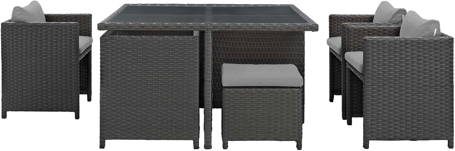 Modway Sojourn Wicker Rattan Outdoor Patio Sunbrella Fabric, 9-pc Dining Set in Canvas Gray