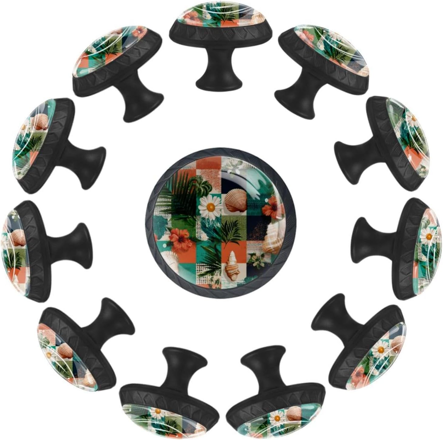 Black Base Summer Tropical Patchwork (2) Glass Cabinet Knobs, Practical Drawer Pulls for Kitchen Cabinet Bathroom