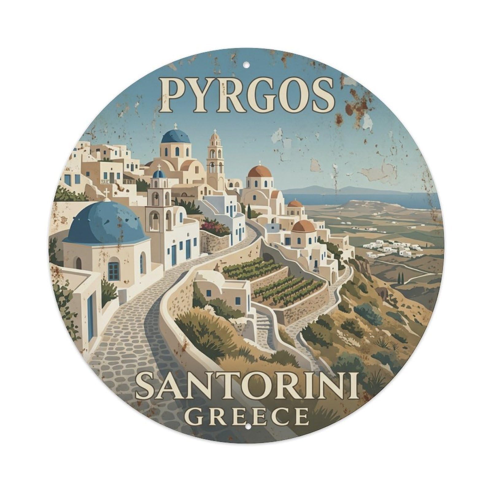 Galvaxio Style Vintage Travel Pyrgos Santorini Hilltop Metal Tin Sign