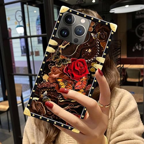 Miniatura 6 de DAIZAG Funda compatible con iPhone 15 Pro Max, mariposa dorada de cártamo, para niñas y mujeres, decoración cuadrada de esquinas de metal,