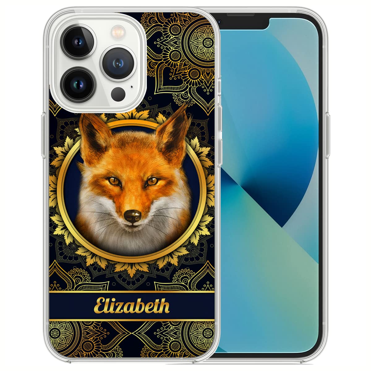 Custom Phone Case Customized Name Fox Phones Cases Personalized Foxes Mandala Case Covers with Name Compatible with iPhone 16 15 14 13 12 11 XR X XS 8 7 Plus Mini Pro Max