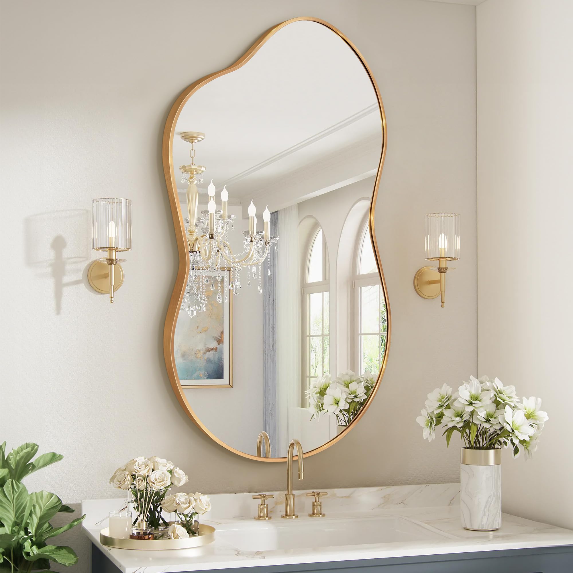Miroir Mural Irrégulier, Miroir Décoratif Asymétrique avec Cadre en Alliage d’Aluminium Qualité Aviation pour Salle de Bain, Chambre, Salon, Entrée