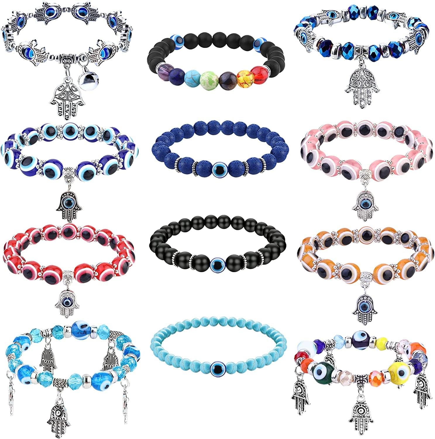 Diamday 8-12Pcs Evil Eye Beaded Bracelet for Women Men 7 Chakras Hamsa Turkey Blue Charm Stretch Bracelet Hamsa Hand of Fatima Amulet Jewelry for Protection and Blessing