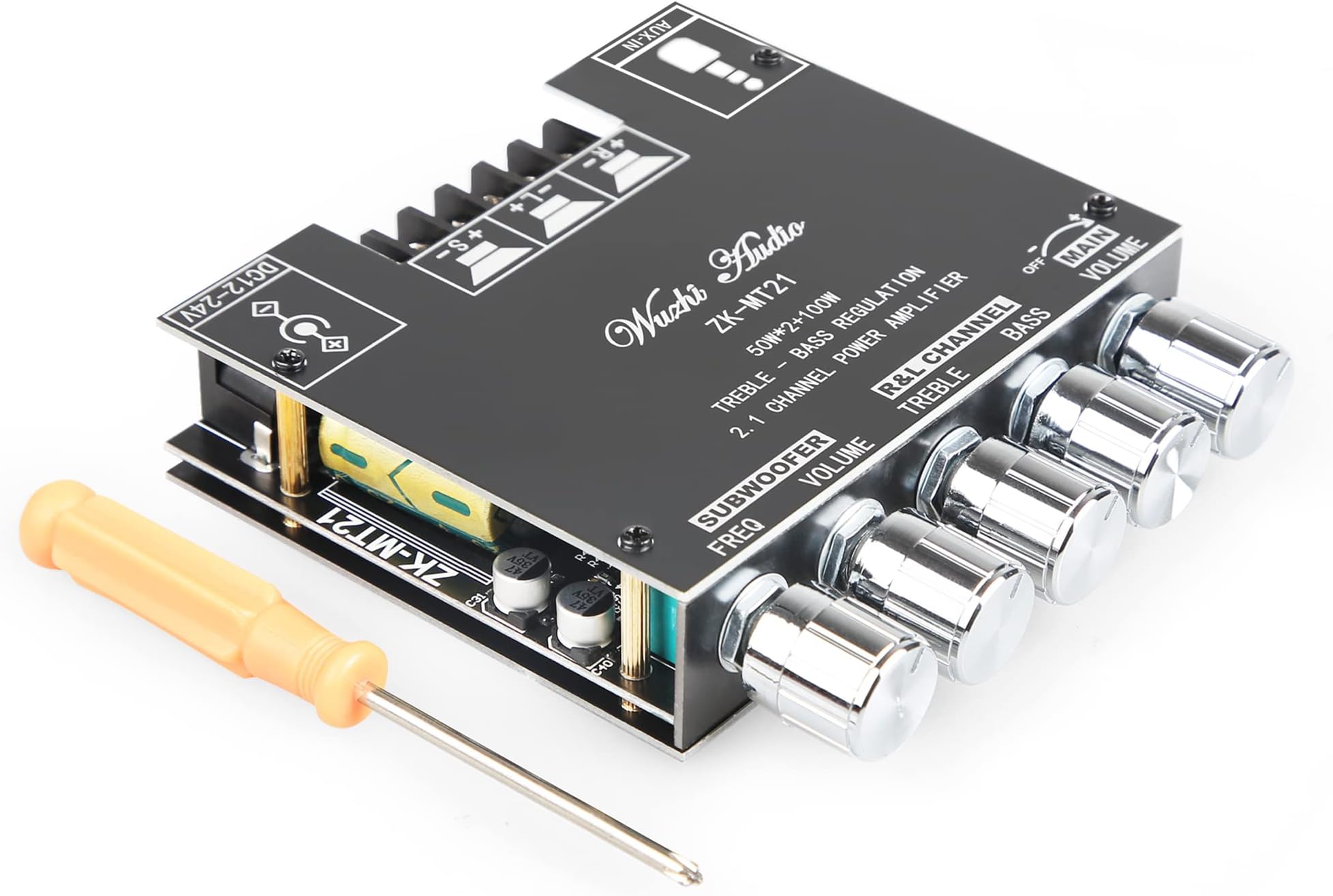 Bluetooth Power Amplifier Board with Subwoofer 2.1 Channel 50W×2+100W, 12V-24V Audio Power Amplifier Module with Treble and Bass Control (ZK-MT21)