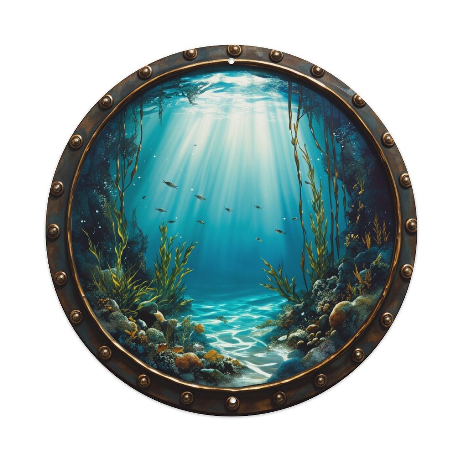 Underwater Scene With Sunlight And Fish Round Tin Sign Retro Metal Sign for Cafe Bar Pub Home Game Room Gym Club Wall Decoration Vintage Metal Poster 8x8 Inch