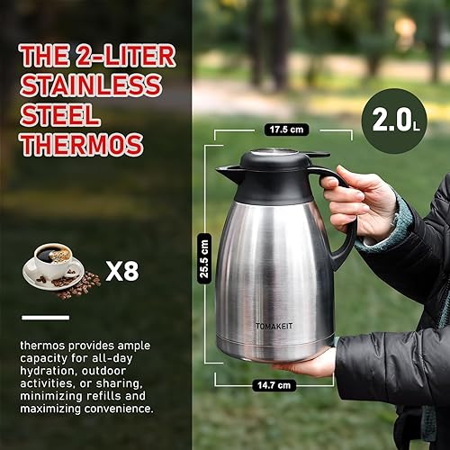 Miniatura 2 de Jarra térmica para café, 2L/68 onzas, de acero inoxidable con aislamiento al vacío, diseño de doble pared, 24 horas de calor y frío, a prueba de