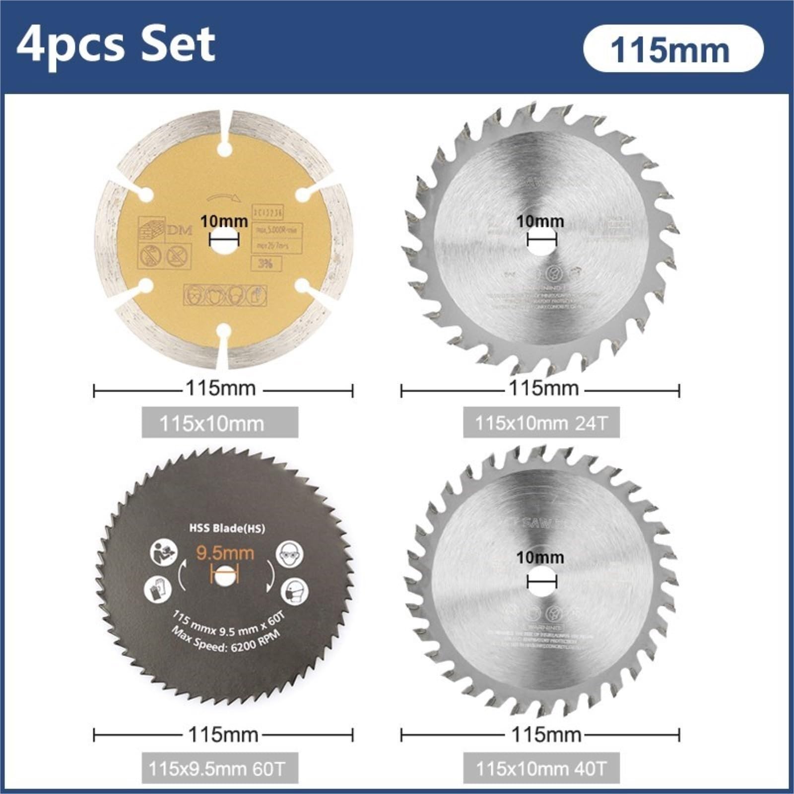 Brzeszczot do cięcia metalu 1/4 sztuk 115 * 10mm brzeszczot do drewna z końcówką węglikową TCT piła tarczowa obróbki pcv plastikowa tarcza tnąca(4pcs 115mm Set)