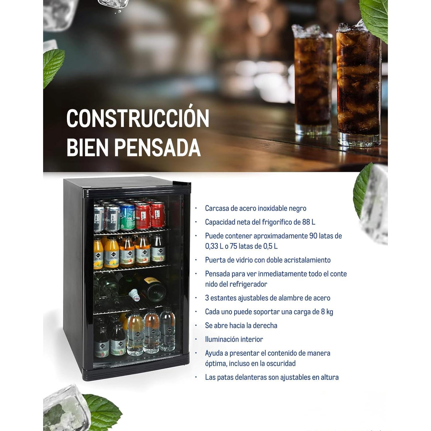 METRO Professional Mini Frigorífico GPC 1088, nevera pequeña con puerta de cristal, 88 L, negro, 1.052 kWh/24h, con estante ajustable para gastronomía, restaurant, tiendas