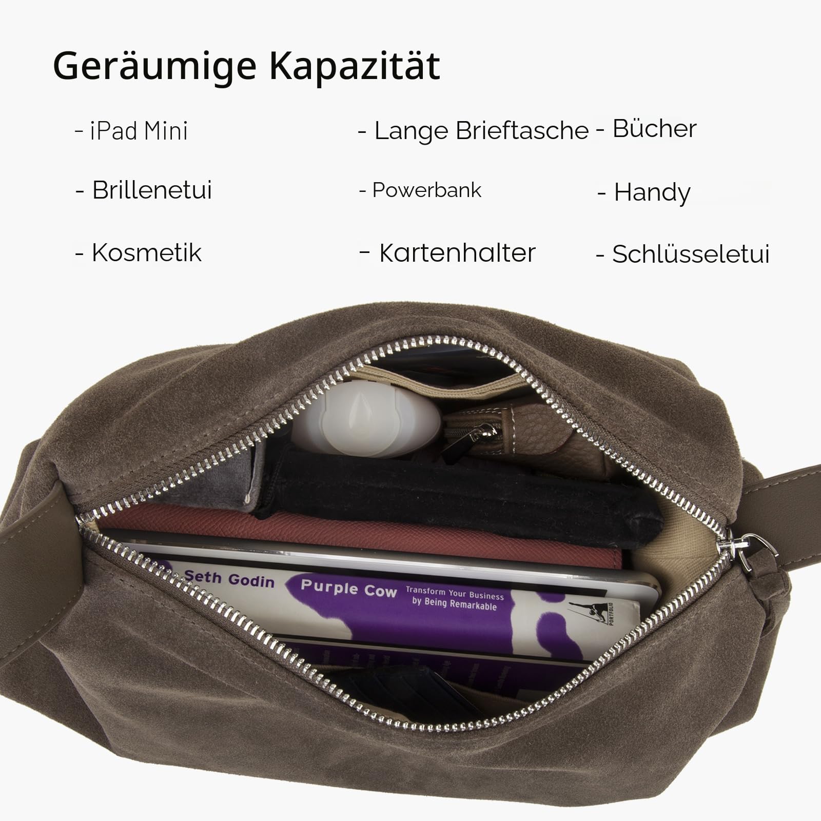 DONNAIN Premium Wildleder Tasche Damen aus Halbmondform, Handtasche Leder, Lederhandtasche Damen Echtleder, Umhängetasche, Elegant Suede Bag mit verstellbarem Riemen