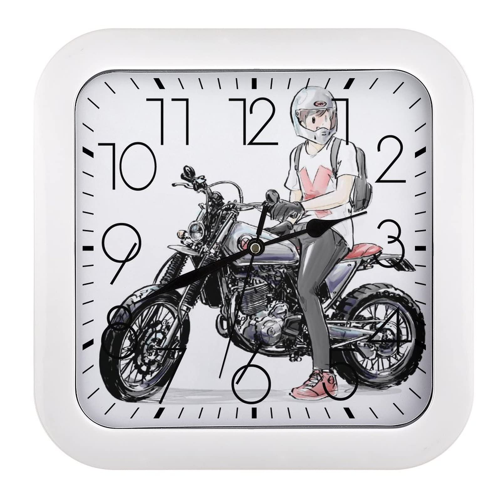 Horloge murale moto garçon carrée 26x26cm à grands chiffres pour décoration