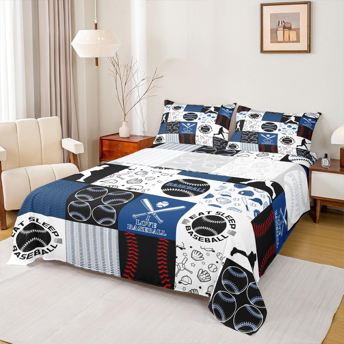 Castle Fairy Patchwork Baseball Fitted Sheet Set King Size 4 Pcs,Sports Geometric Grid Blue Teens Sheets,Baseball Bedding Sets (1 Fitted,1 Flat,2 Pillowcases)