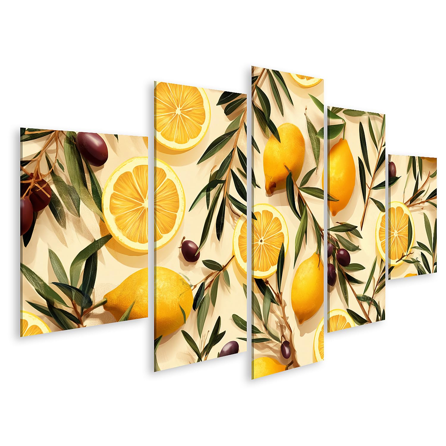 islandburner Bild auf Leinwand Mediterrane Zitronen & Oliven Wandbild Küche Perfekt für Feinschmecker - 5-teilig