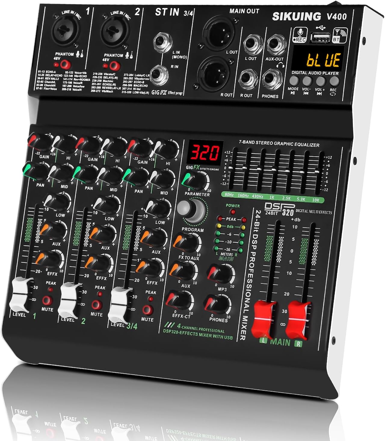 4 channel professional portable mixer, 320 DSP effects + 48V phantom power, Bluetooth sound card + 7-band equalizer, for PC recording, karaoke studio effects, and streaming playback