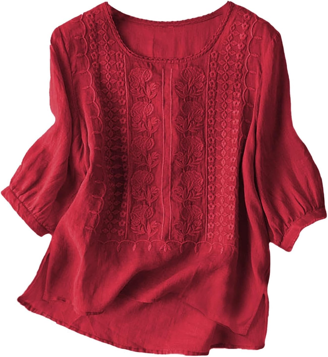 Linen Shirts for Women Summer Crew Neck Embroidered 3/4 Sleeve Boho Tops Dressy Casual Blouses Loose Tunics
