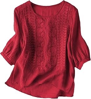 Linen Shirts for Women Summer Crew Neck Embroidered 3/4 Sleeve Boho Tops Dressy Casual Blouses Loose Tunics