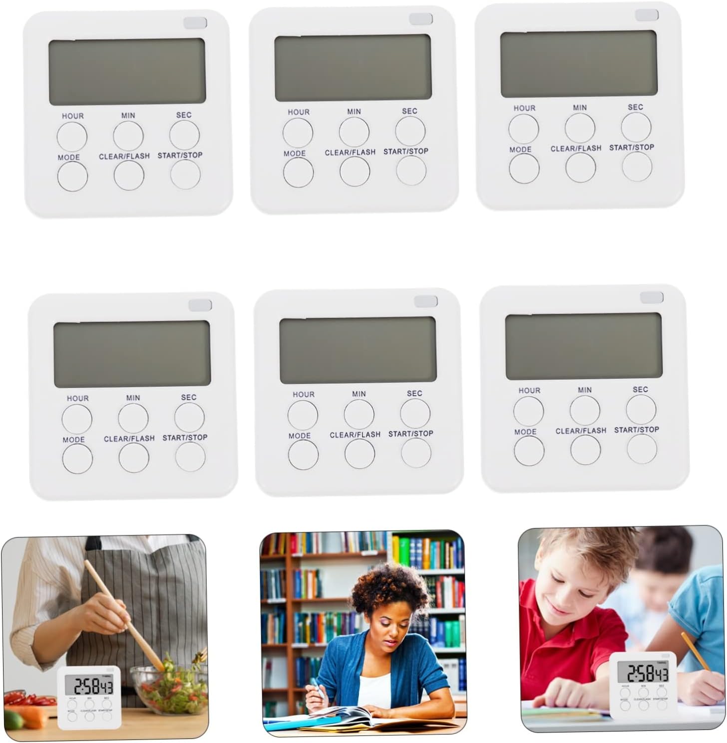 Alipis 6Pcs Silent Electronic Timer Clocks LED Light Digital Countdown Timer for Kitchen Magnetic Alarm Clock for Time Management for Students and Home Use