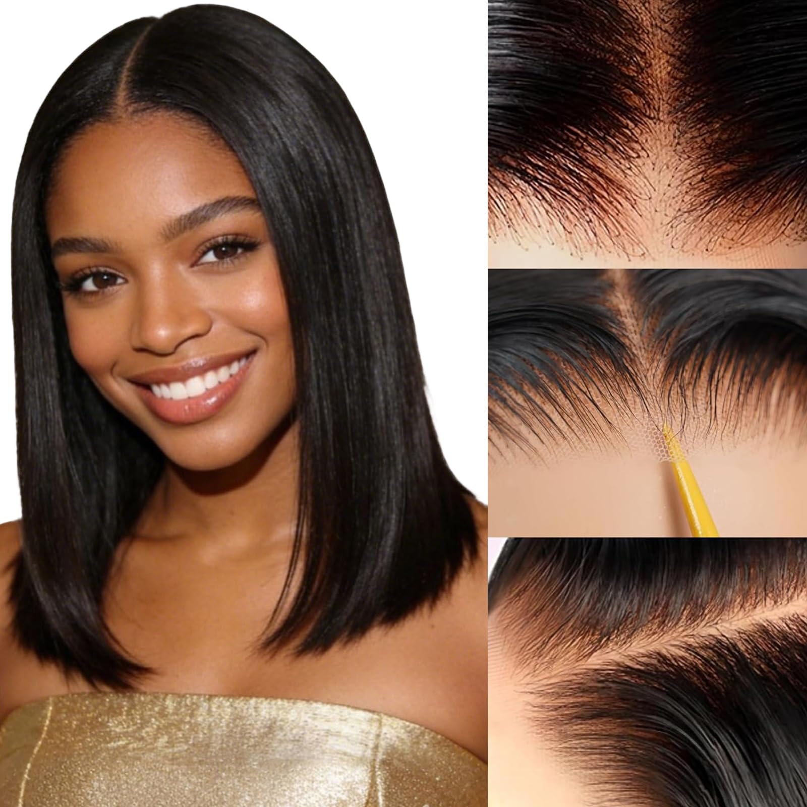 View 1 of 12Inch Bob Wig Human Hair Wear and Go 5x5 HD Lace Closure Wigs for Women