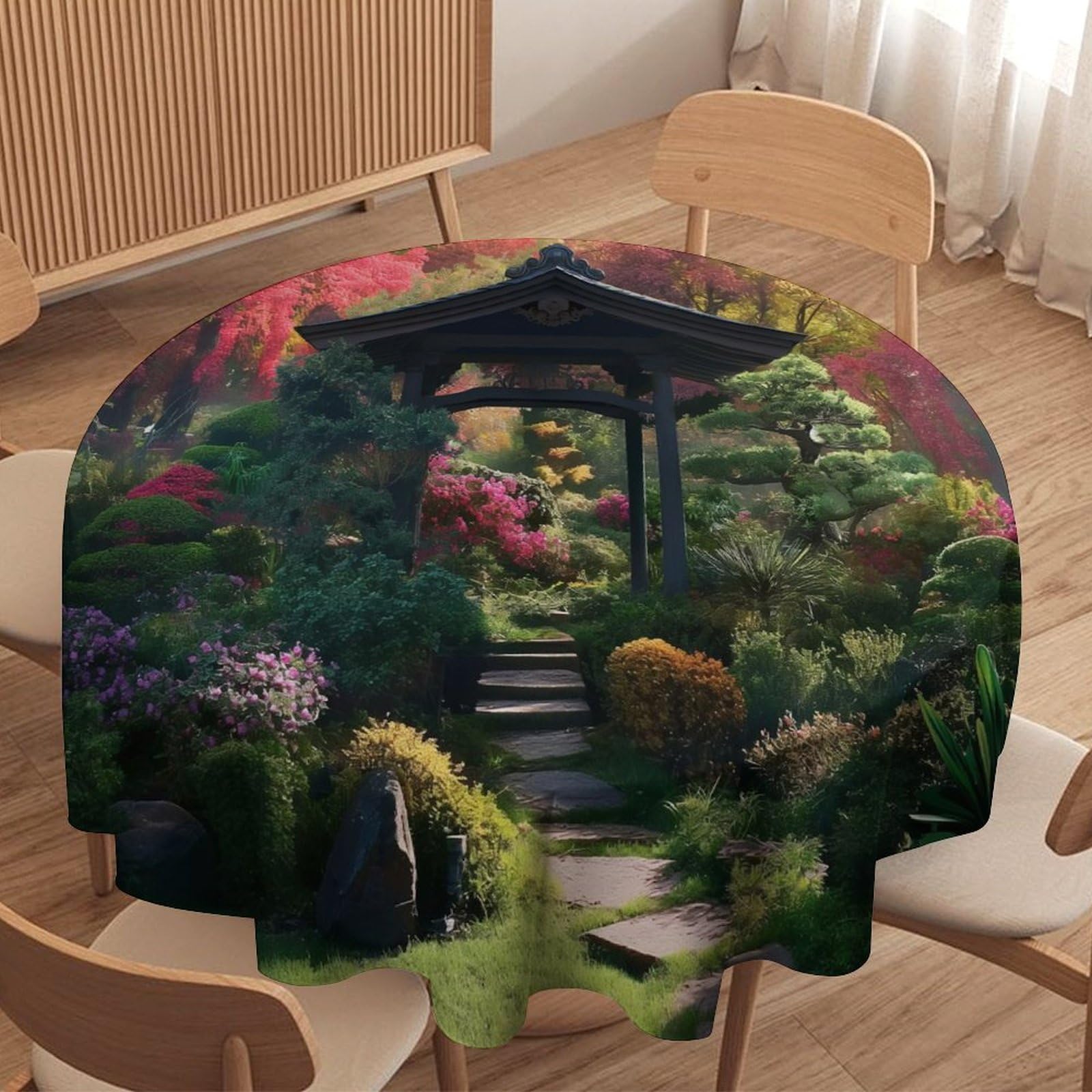 ORDOBO 3D Printed Tablecloth - Garden Landscape Round Tablecloth Wipeable For Kitchen Dinner Picnic Party Home Fashion Print Table Cover Decoration 177X177Cm