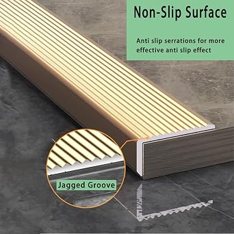 Gold 35in Aluminum Stair Edge Protector, L-Shape Stair Edging Trim for Tile/Wood/Metal/Concrete Steps, Anti Slip Stair Nosing for Indoor & Outdoor(WxH 2x0.4cm/0.79x0.16in)