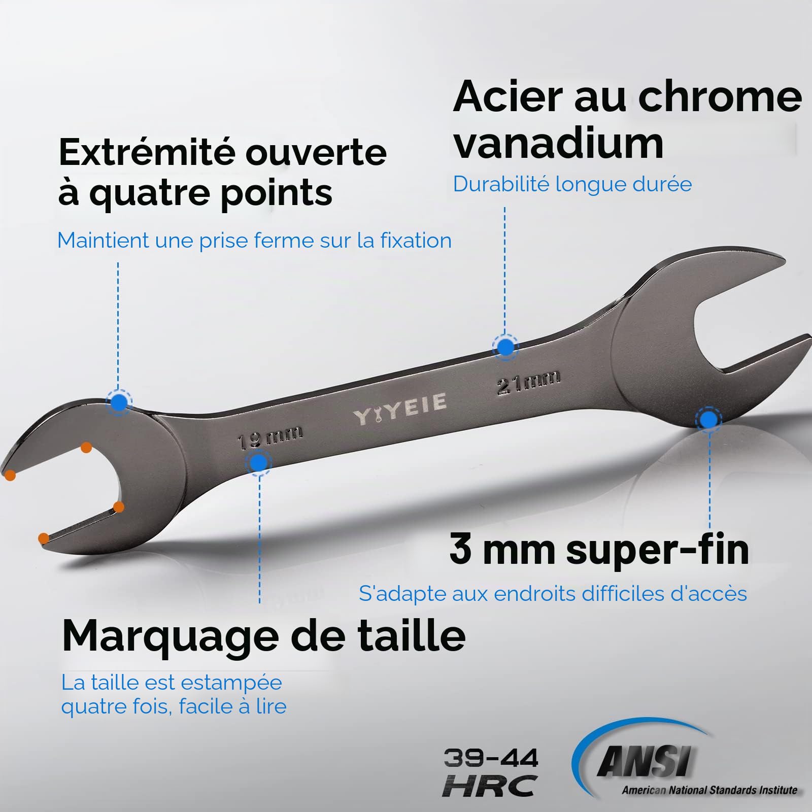 YIYEIE Jeu de 10 clés plates super fines à extrémité ouverte, métriques, 5,5, 7, 8, 9, 10, 11, 12, 13, 14, 15, 16, 17, 18, 19, 20, 21, 22, 23, 24, 27 mm, revêtement nickel, acier CR-V, clé fine avec