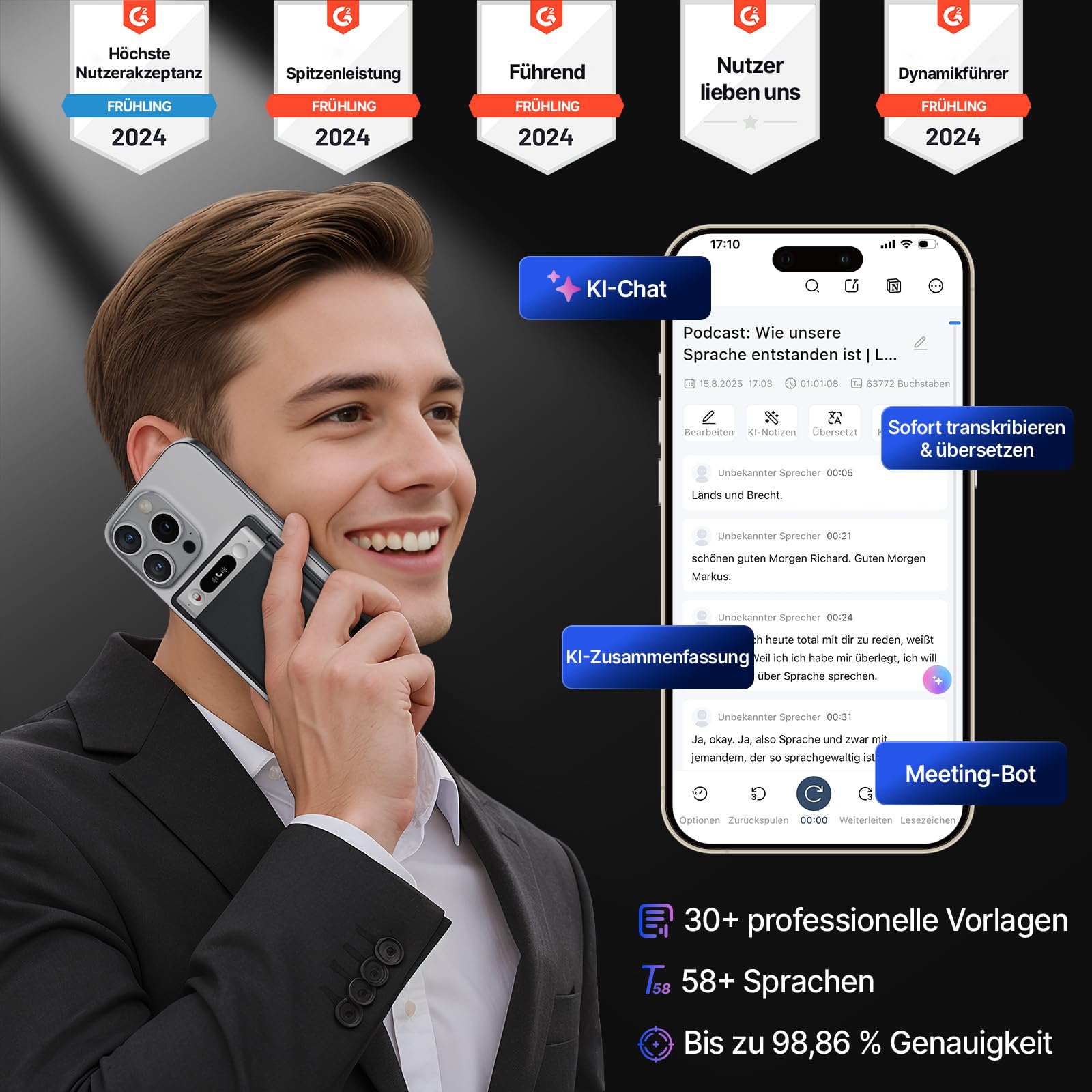 KI-Sprachrecorder, Notta Memo Digitales Diktiergerät(Silber), inkl. Memo MagBridge, KI-Transkription & Zusammenfassung in 58 Sprachen, 2000h Speicher, EIN-Knopf-Aufnahme für Anrufe