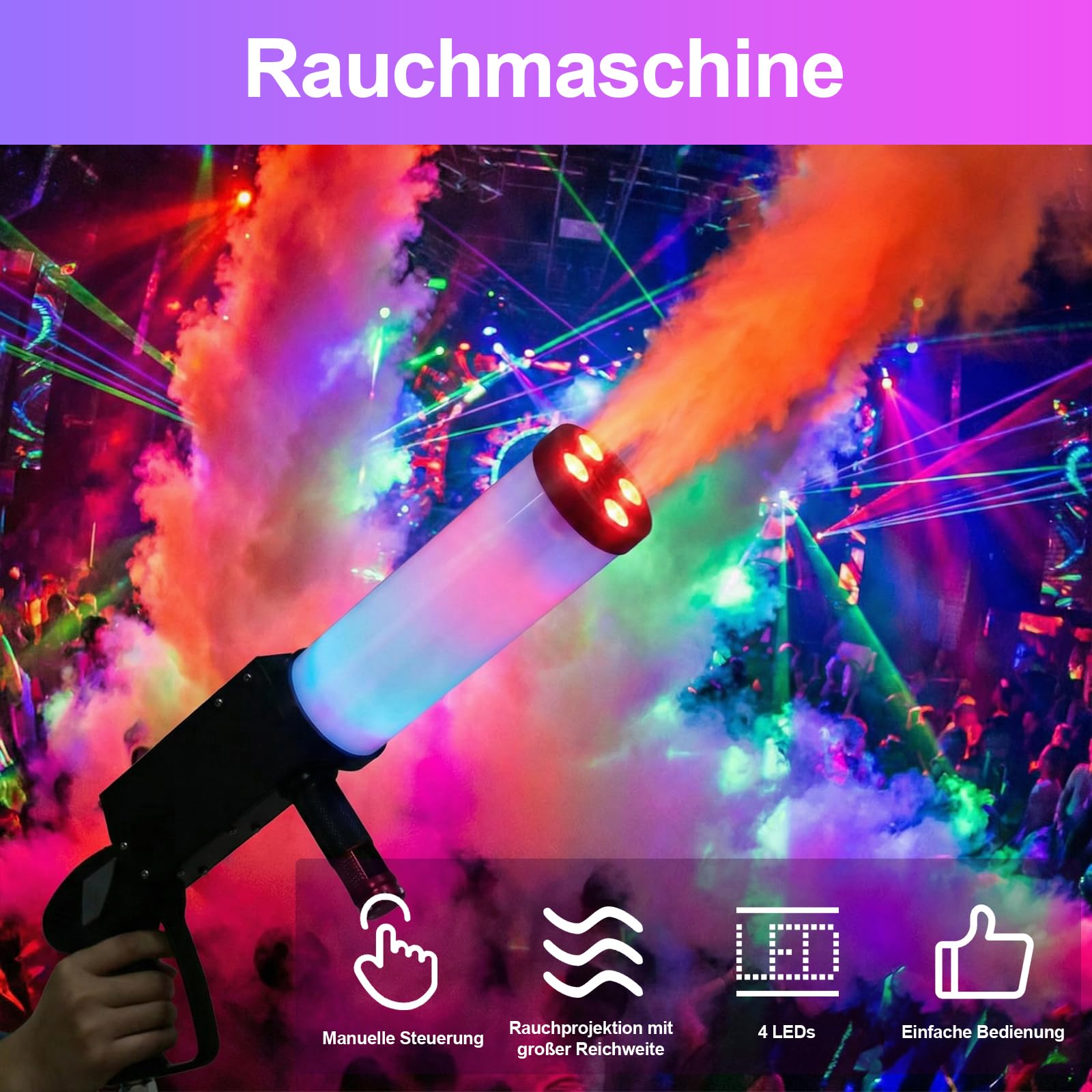 Macchina portatile per fumo, CO2, pistola per fumo con 4 LED RGB e tubo da 3 m, portata 6-8 m, ideale per DJ bar, feste, concerti, matrimoni, Halloween e Natale, attrezzatura per spettacoli ed eventi