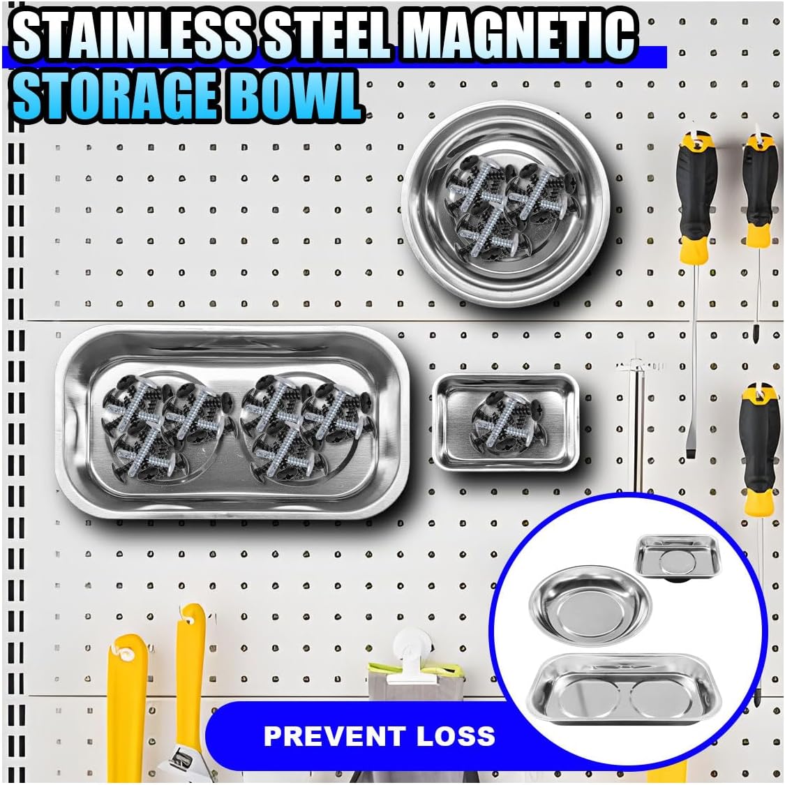 3PCS Magnetic Tray Holder, Stainless Steel Extra Strong Magnetic Bowl Parts Tray Set for Screws, Nuts, Bolts, Sockets, Pins – Mechanic Tool Metal Parts Organizer for Automotive Repair(Round&Rectangle)