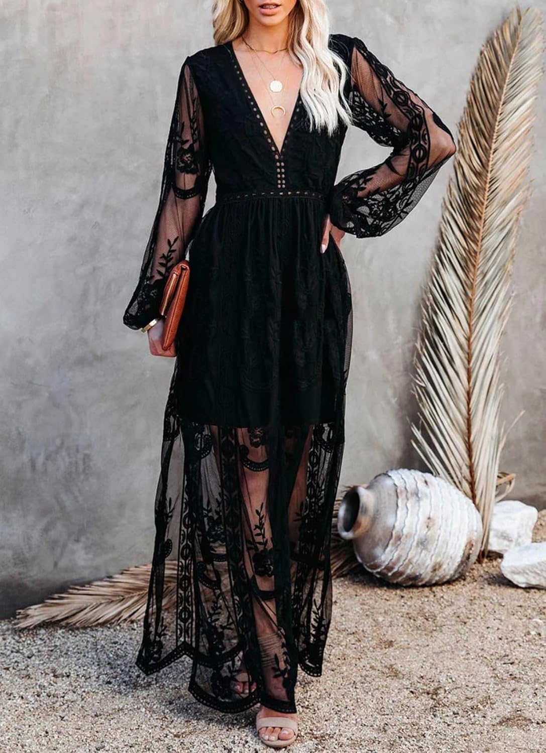 LRISES Womens V Neck Floral Embroidered Lace Wedding Maxi Dress Boho Short Sleeve Slit Bridesmaid Evening Party Dresses - Image 3