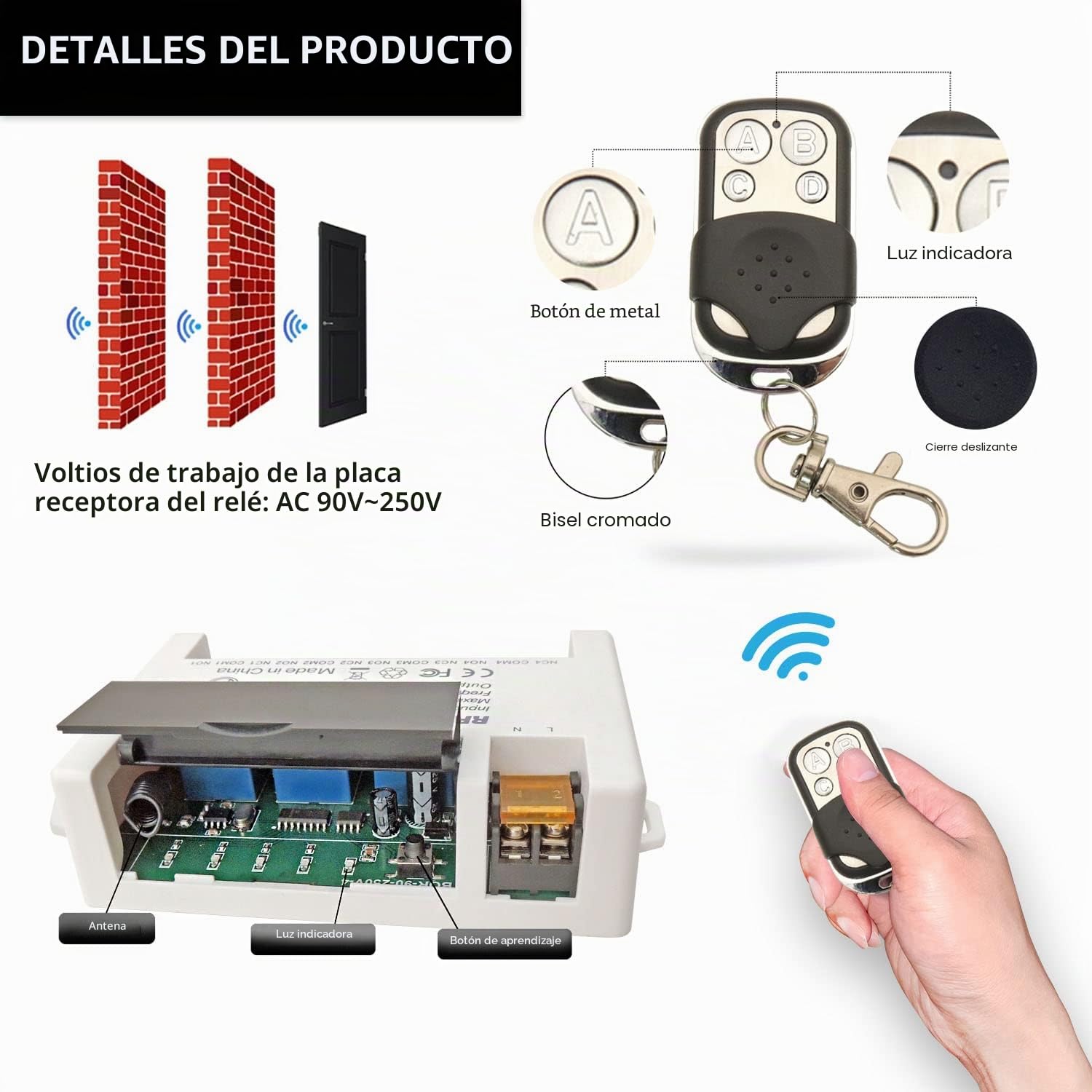 DieseRC Interruptor de mando a distancia de Relé Inalámbrico de 4 Canales 433MHz RF AC 220V 230V 10A Receptor de relé con 2 Control Remoto Transmisores, Terminal Grande Cableado Fácil