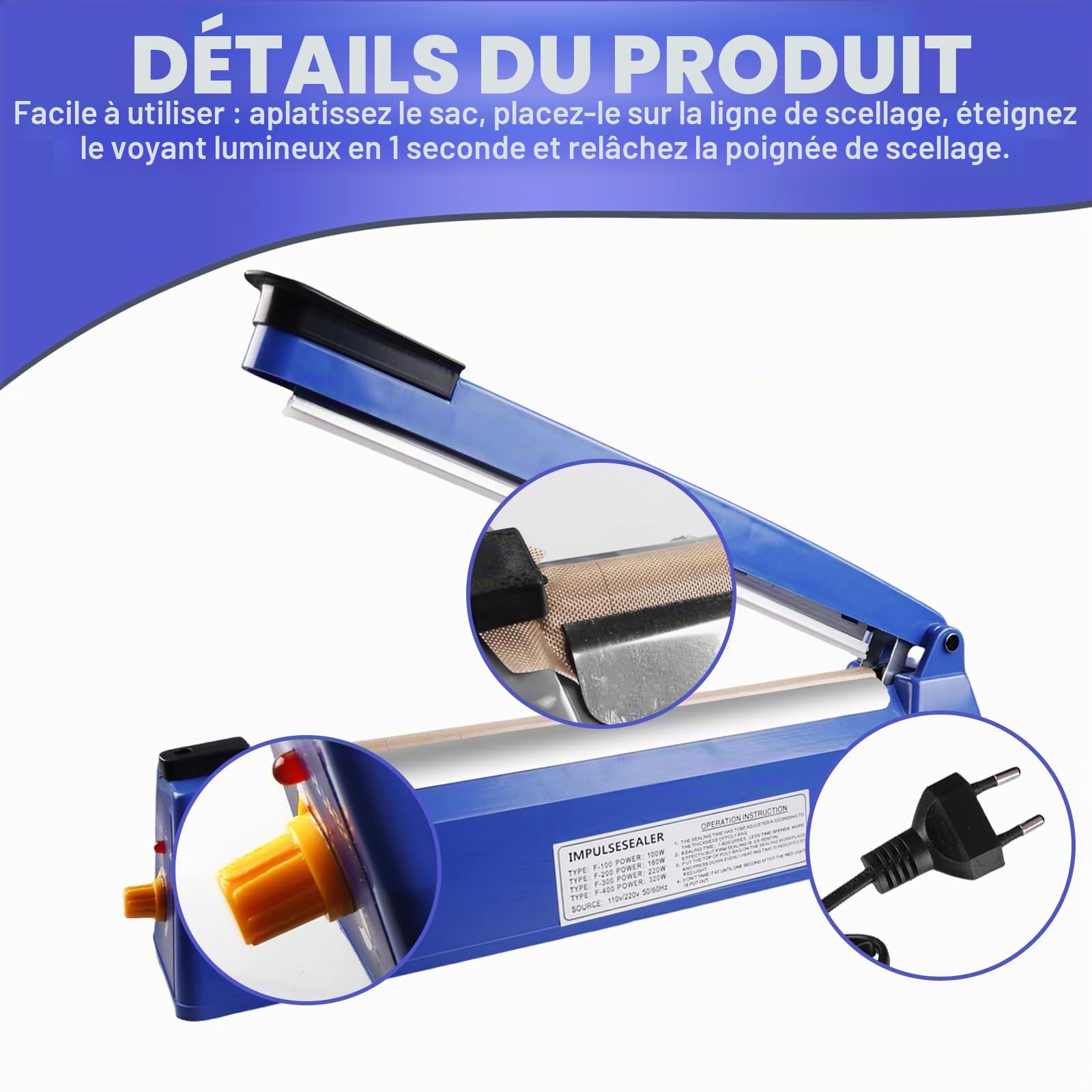 Machine à sceller à chaud 300 mm - Machine à sceller des films en plastique - Largeur d'étanchéité : 3 mm - Soudeuse portable - Pour films plastiques thermoplastiques