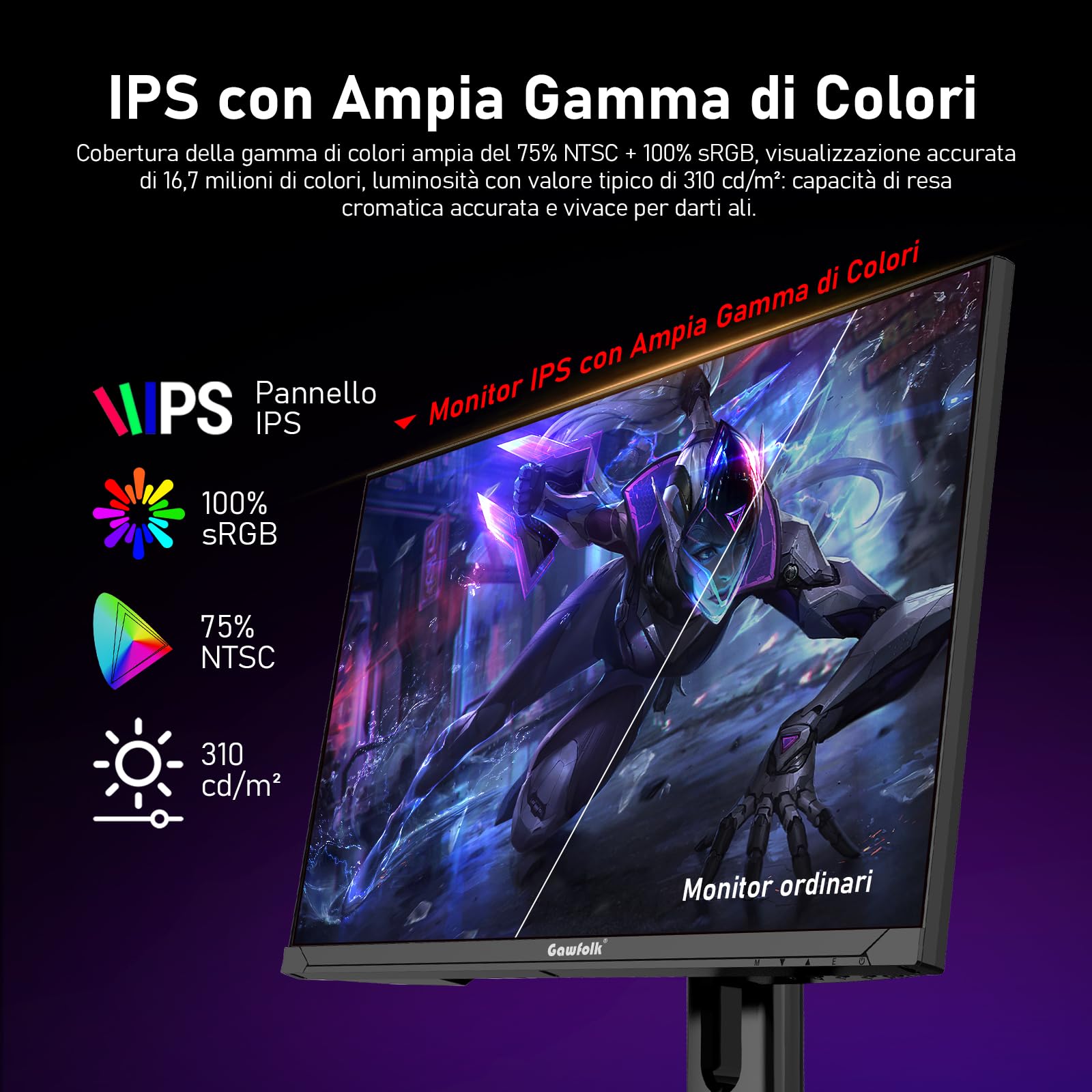 Gawfolk Schermo PC IPS da 27 pollici, 2K WQHD (2560 × 1440), monitor da gioco 180Hz, 1ms senza bordi, 100% sRGB, 178 ° grandangolo, HDMI, DisplayPort, compatibile con 75 * 75mm montaggio a parete-Nero