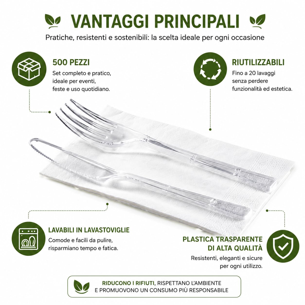 Kit Bis Posate Trasparenti Riutilizzabili, Forchetta e Coltello con Tovagliolo Monouso, Set Posate per Catering, Eventi, Ristoranti, Feste e Asporto 500 Pz
