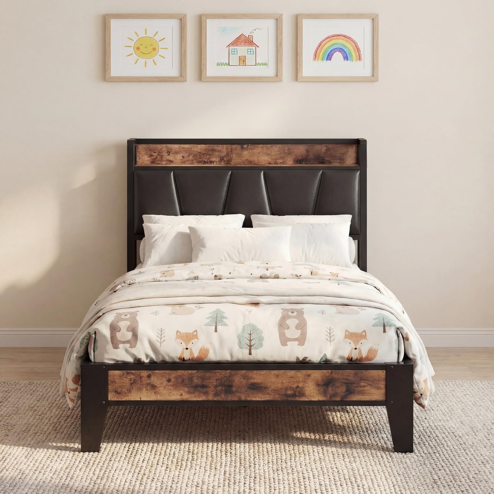 Twin Bed Frame, Storage Headboard with Charging Station, Solid and Stable, Noise Free, No Box Spring Needed, Easy Assembly (Vintage and Black)