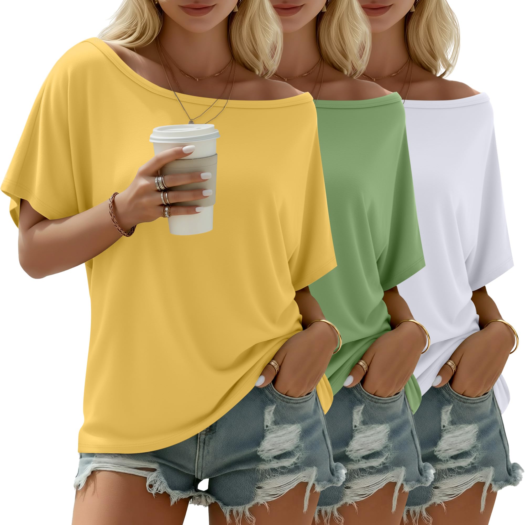 Riyiper Damen Dreiteiler-Set: Schulterfreies Top, locker sitzendes Kurzarm-Sommer-T-Shirt und figurbetontes Sporttop