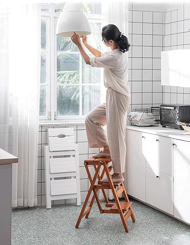 Miniatura 2 de Taburete de 3 escalones para el hogar Silla plegable de madera engrosada biblioteca escalera silla portátil ligera herramienta escalera escalera
