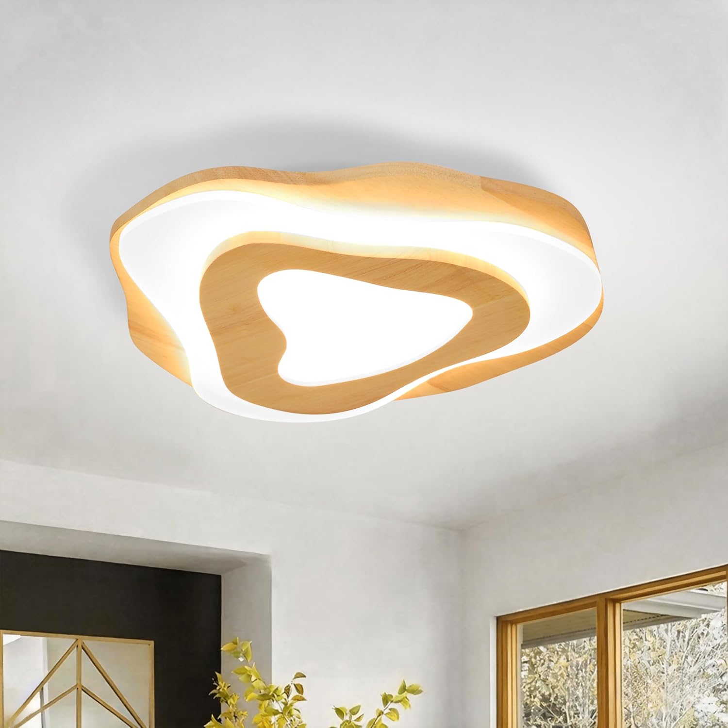 Littleglovo 15.7" Modern Flush Mount LED Chandelier for Dining Room, Natural Wood Petal Energy Chandeliers Ceiling Light for Entryway Bedroom Foyer Kitchen Living Room Bathroom