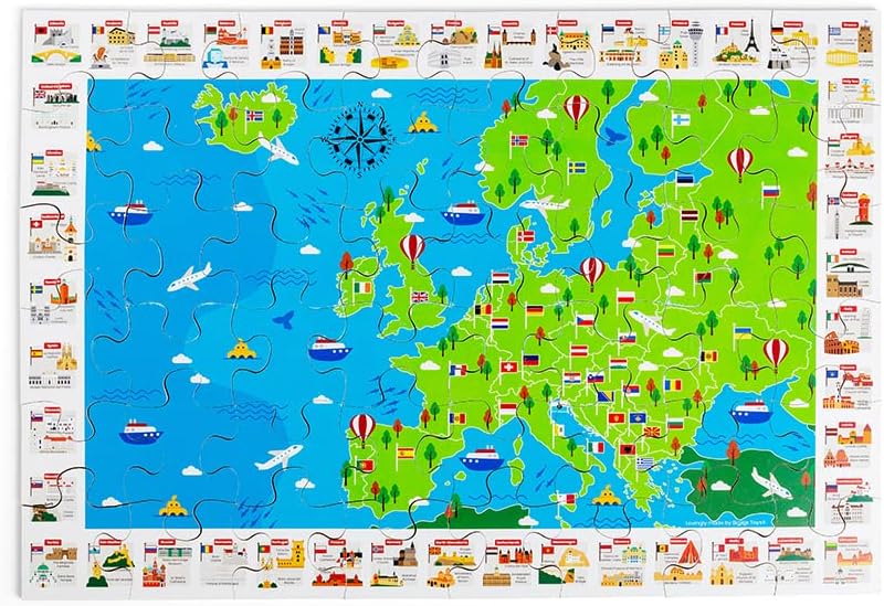 Bigjigs Toys Europe World Map Puzzle with Flags & Landmarks - 48 Piece Floor Puzzle (40cm x 58cm) for 2 3 4 5 Year Olds