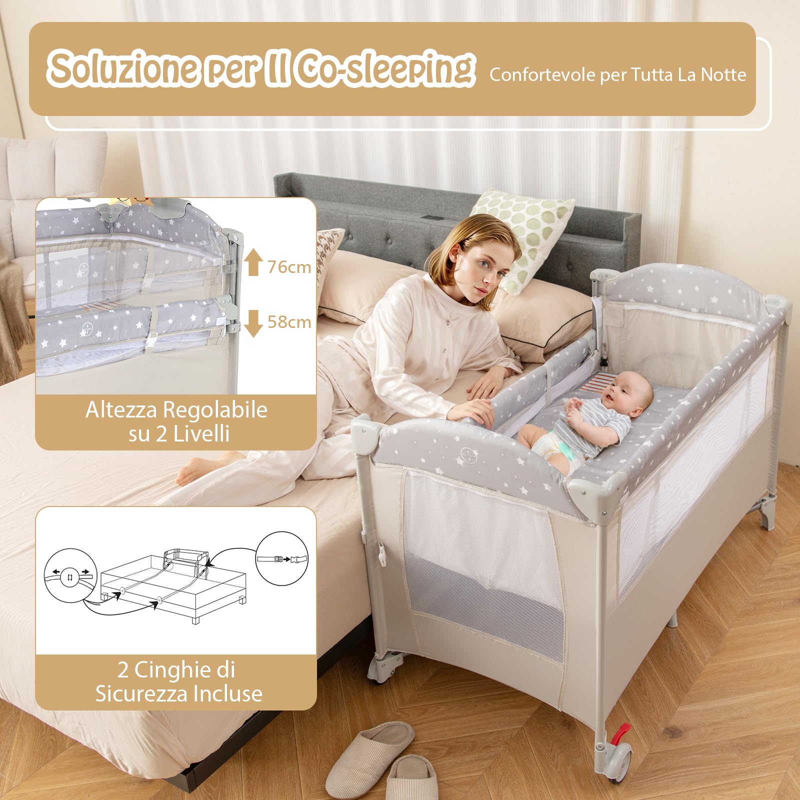RELAX4LIFE 5 in 1 Lettino da Campeggio per Bambini, Culla Neonato con Fasciatoio e Cingia Fissagio, Carillon e 3 Giocattoli Appesi, Adatto a Bambini da 0 a 36 Mesi (Beige)