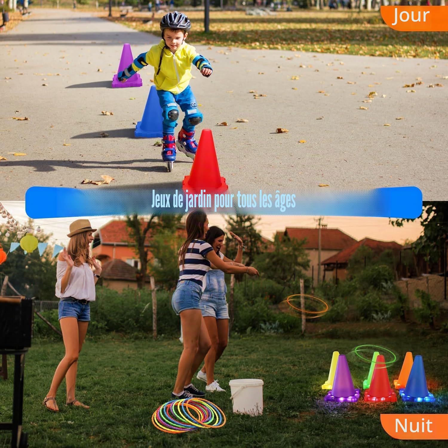 VATOS Jeux Exterieur Enfant Parcours de Motricité - 3 en 1 Jeu de Balle, Anneau et Sac de Haricots Lumineux, Jouets de Jardin, de Carnaval et de fête pour Les Enfants