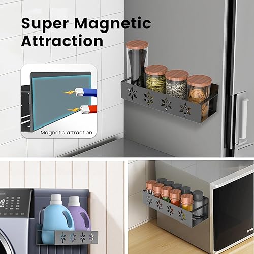 Miniatura 5 de Estante magnético para especias para refrigerador, paquete de 2 estantes magnéticos para especias para refrigerador, organizador magnético para