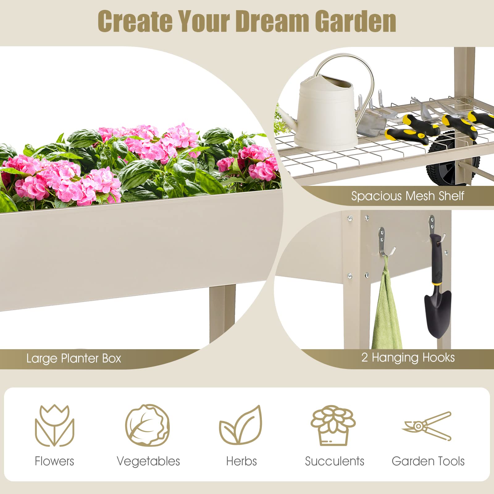 GOPLUS Jardinière Surélevé sur roulettes avec Étagère et 2 Crochets pour Outils de Jardinage, Lit de Jardin en Métal pour Légume, Herbe, Carré Potager Extérieur pour Jardin, Balcon (Blanc)