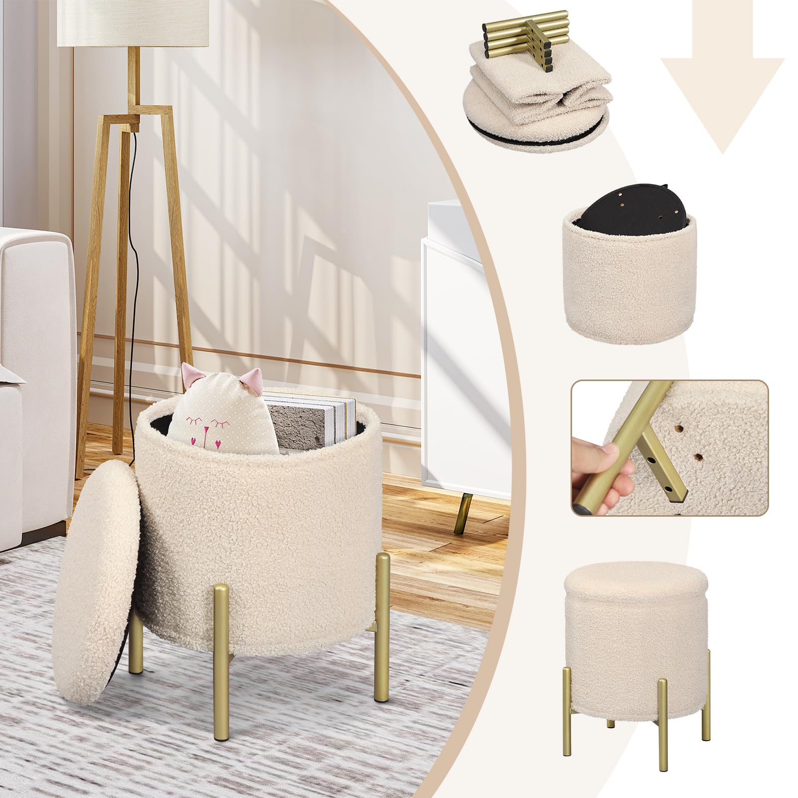 eSituro Taburete Almacenaje Redondo, 18L Baul Almacenaje Plegable con Asiento Tapizado en Felpa, Taburete Bajo con Almacenamieto, Reposapiés de Sofá y Cama, Patas de Metal, φ35x H41 cm, Beige
