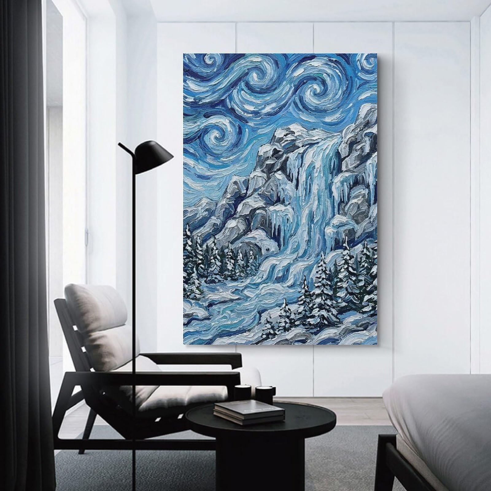 Junmoney Winter Waterfall Landscape Painting Wall Art Print, 20x30inch(50x75cm), for Workspace Walls, Study Corners Or Bedrooms, A Smart Decor Choice for Study Walls