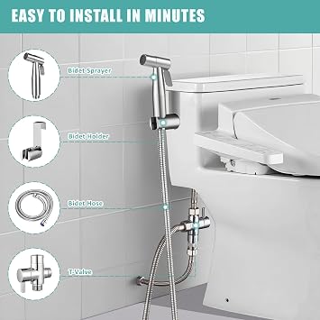 Handheld Bidet Sprayer Kit, Stainless Steel Toilet Bidet Shower with T-Valve Adapter & Hose, Easy Install Shattaf for Personal Feminine Hygiene, Baby Diaper, Pet Bath and Toilet Cleaning (Silver)