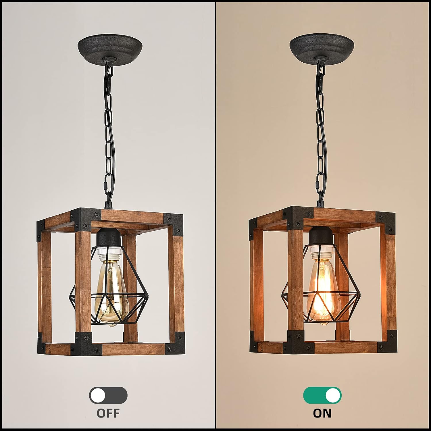 Limited Discount DOHOMER Farmhouse Wood Pendant Light Metal Hanging Lighting Fixture with Oak Wood Finish, One-Light Adjustable Chains Rustic Pendant Lighting for Flat and Sloped Ceiling Kitchen Island Dining Cafe