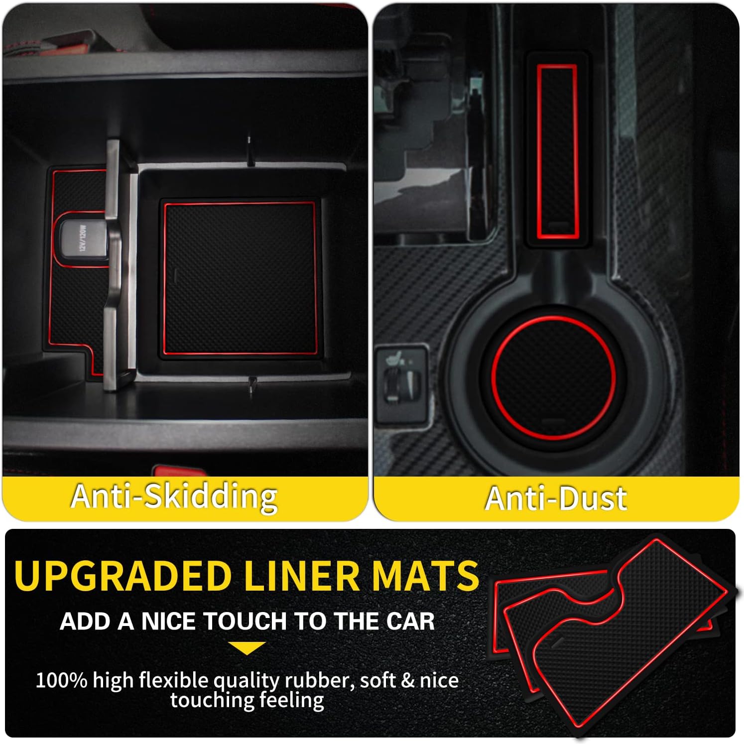 Fit for Toyota 4Runner 2010-2024 Accessories, Upgraded Custom Non-Slip Cup Holder Inserts, Center Console Liners, Door Pocket Mat Pads (2 Rows of Seats, 24-PCS, Red Trim)