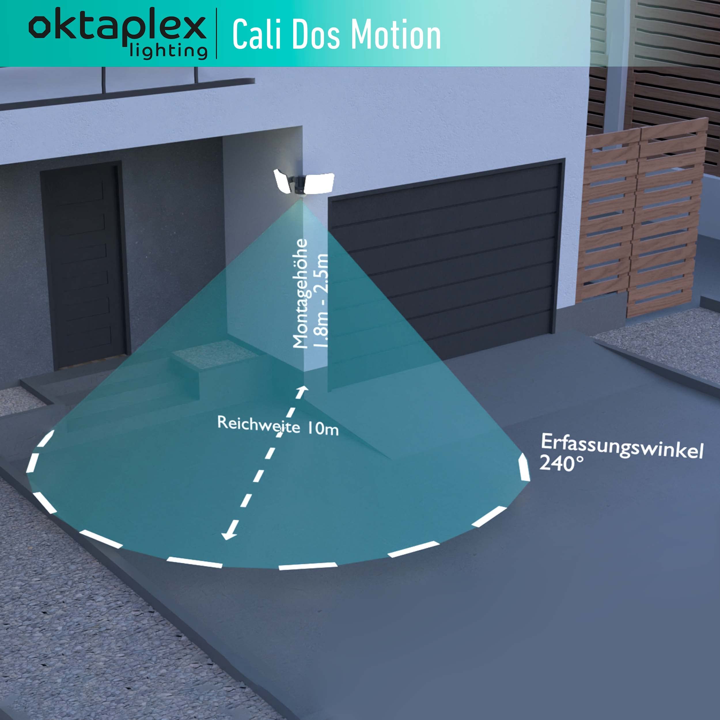 Oktaplex LED Strahler mit Bewegungsmelder Außen Cali Dos Motion | IP65, zwei Köpfe, 40W, 3000K warmweiß, Außenstrahler anthrazit Master Funktion