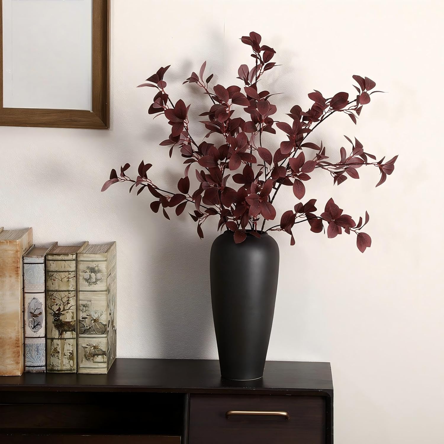 Janinka 5 Pcs Artificial Fall Eucalyptus Leaves Stem 33.5" Fall Stems for Vases Autumn Eucalyptus Leaves for Mantel Farmhouse Thanksgiving Halloween Table Centerpiece Bathroom Decor (Dark Purple)