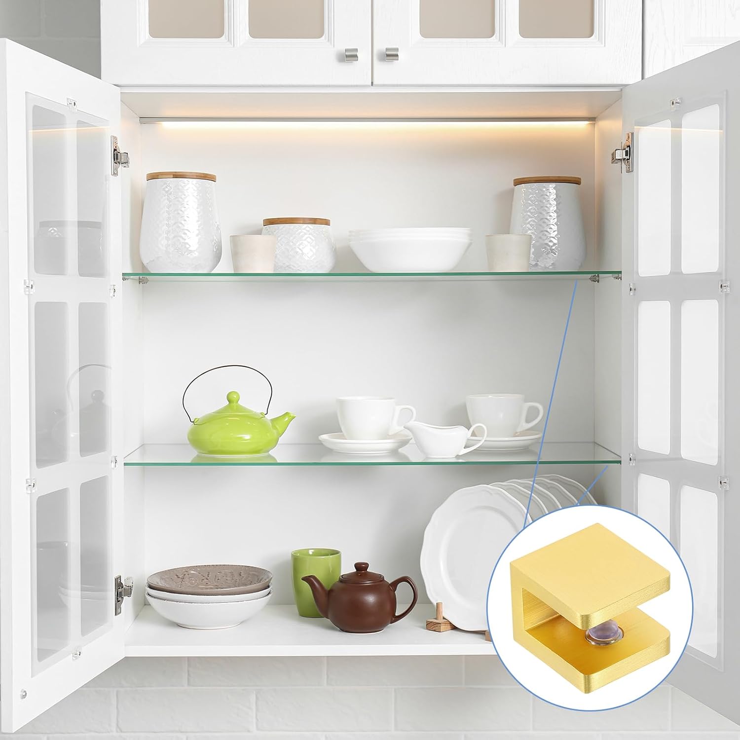 uxcell 8Pcs Glass Shelf Bracket, Adjustable Solid Brass Glass Shelf Brackets, Wall Mount Glass Shelf Holder Fixture Glass Clip for 8-10mm(0.31"-0.39"), Gold